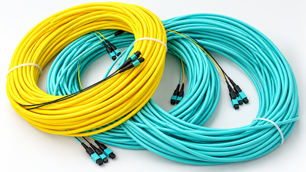 Coiled Yellow and Turquoise Fiber Optic Patch Cables