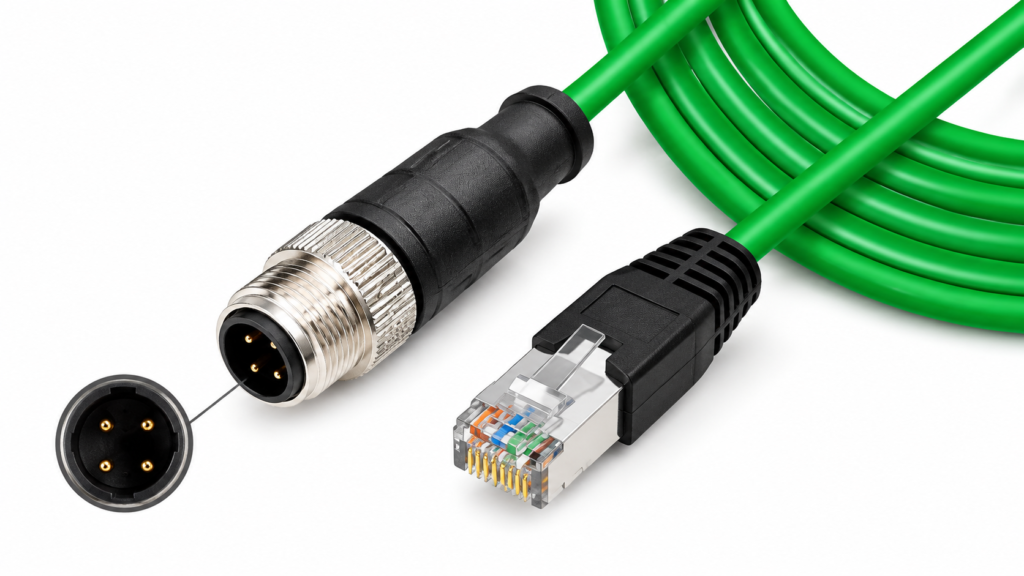 Green Industrial Ethernet Cable with M12 and RJ45 Connectors