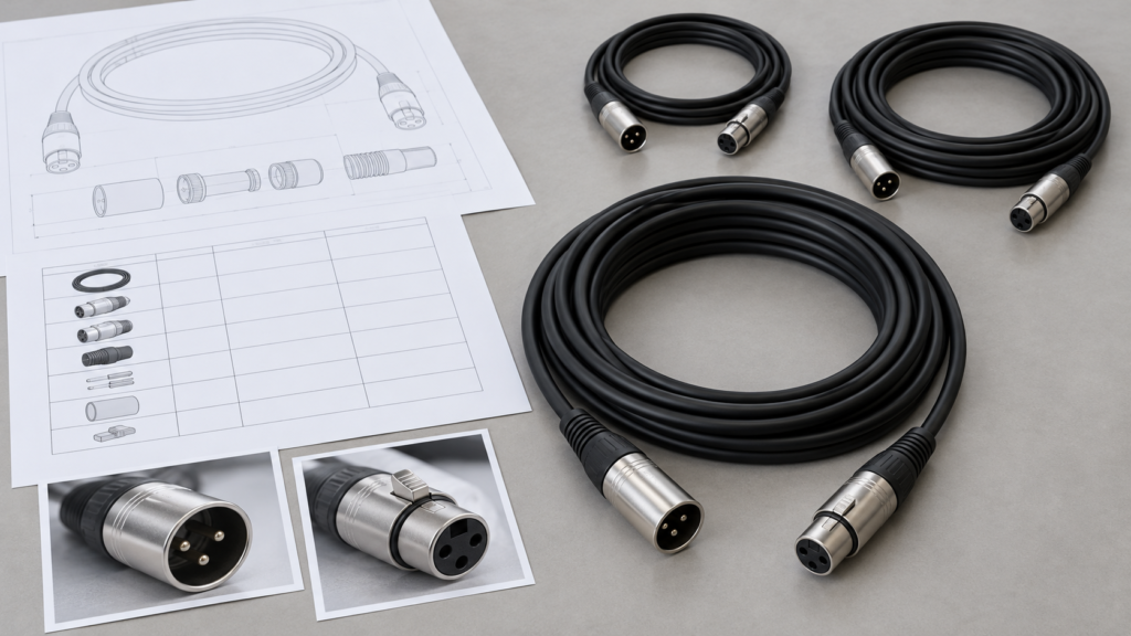 Coiled Black Cable with Circular Connectors and Technical Drawings