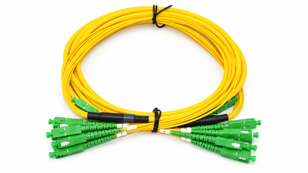 Coiled Yellow Fiber Optic Patch Cable with Green Connectors