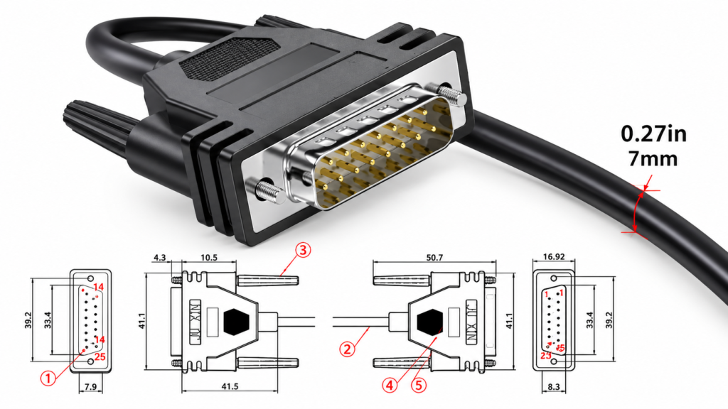 D-Sub Connector Cable with Pinout and Dimension Diagram